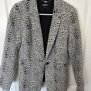 DKNY Black and White Patterned Blazer with Gold Chain Detail